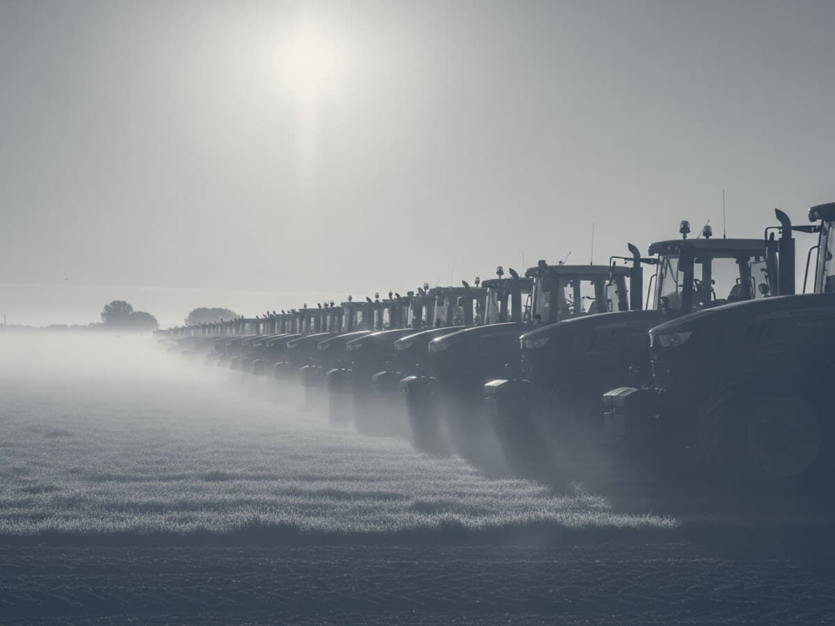 Duotone graphic of a row of tractors in morning mist.