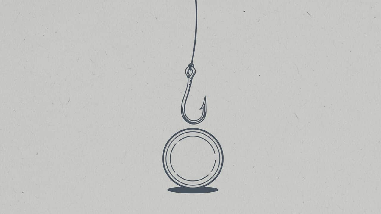 Duotone graphic of a fish hook dangling over a blank metal token