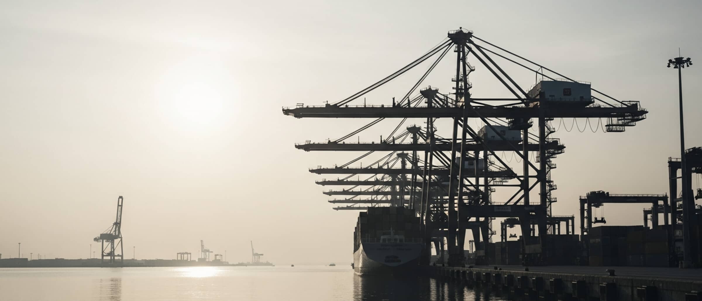 Container port gantry cranes on the skyline at dawn