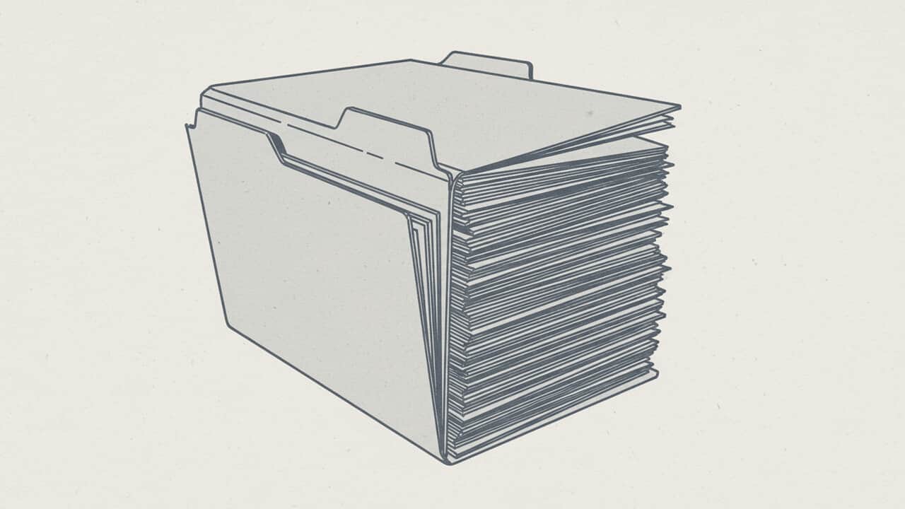 Duotone graphic of stacked document folders