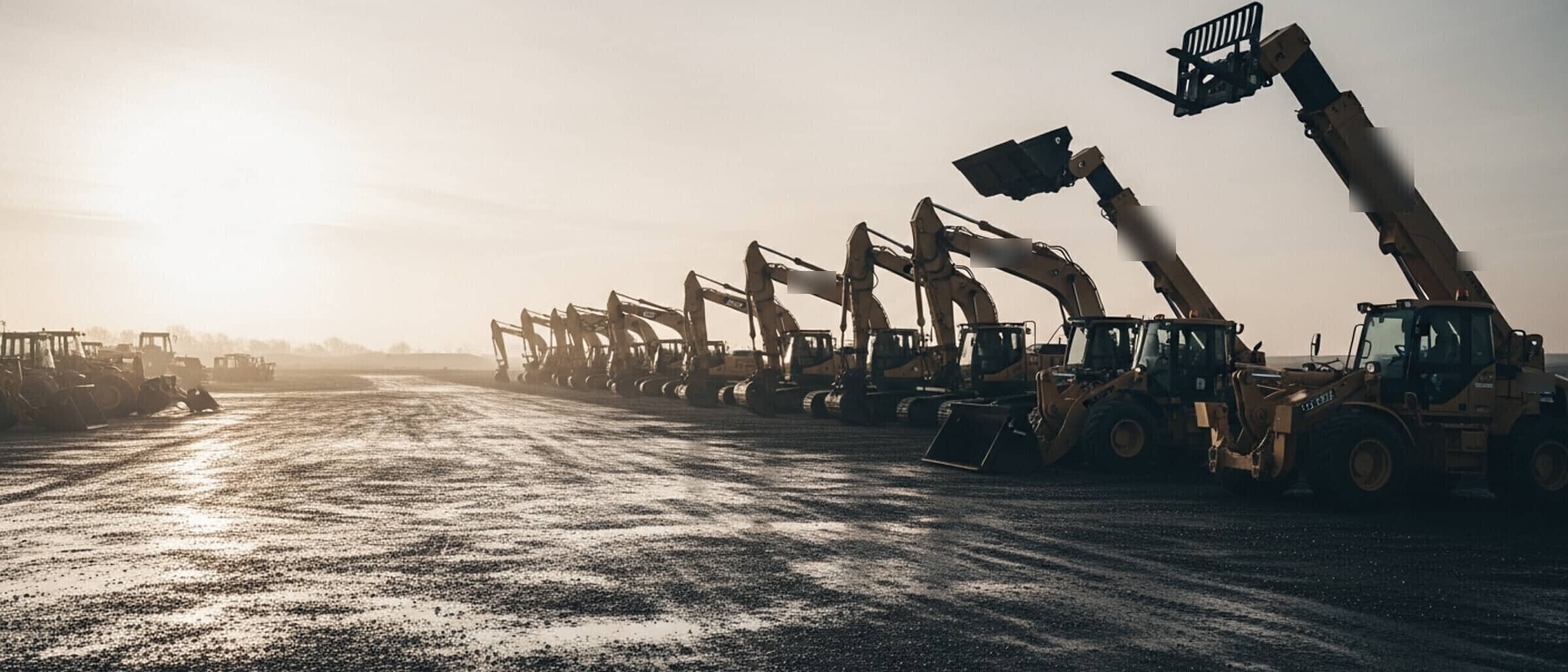 Row of heavy equipment in a yard at first light