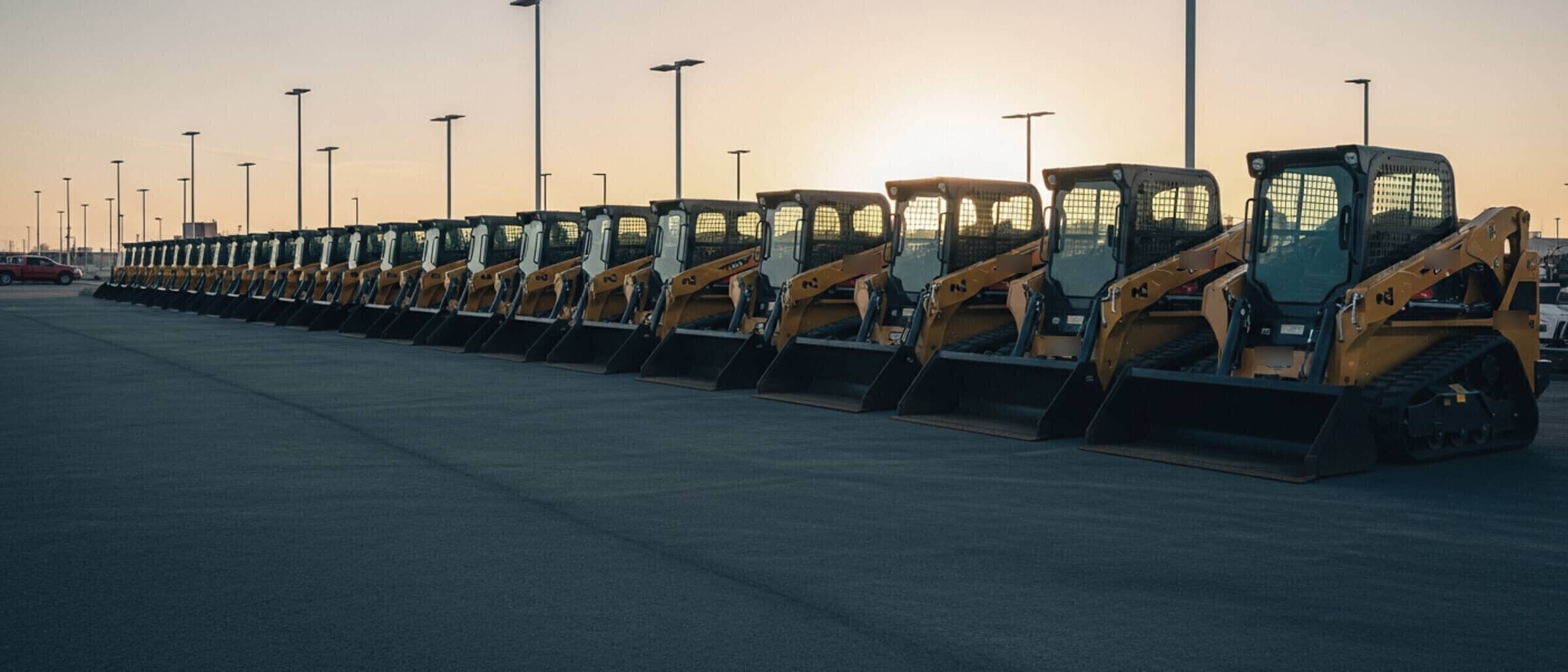 Row of identical new track loaders on a dealer lot at dawn