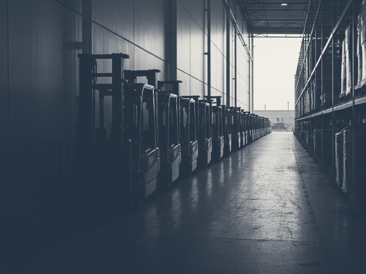 Duotone graphic of forklifts along a warehouse aisle.