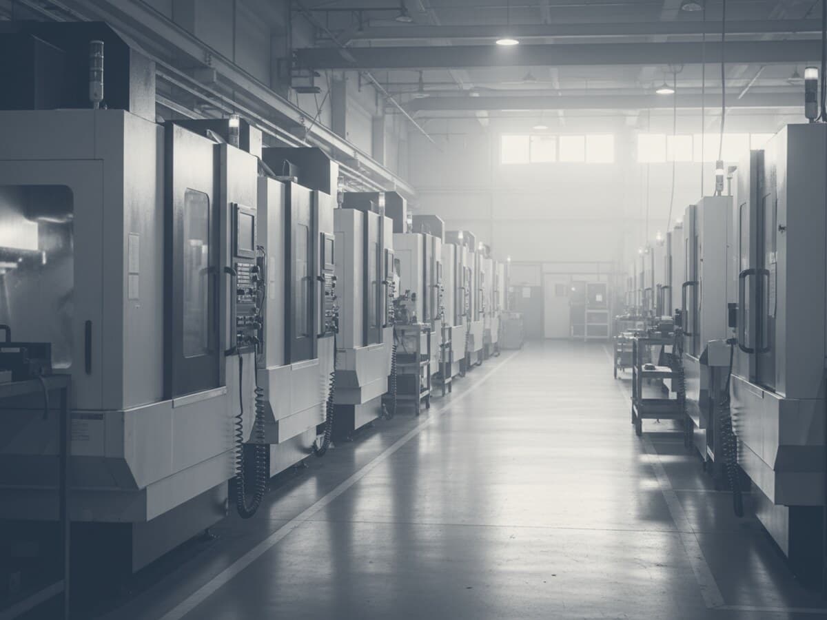 Duotone graphic of CNC machining centers along a factory aisle.