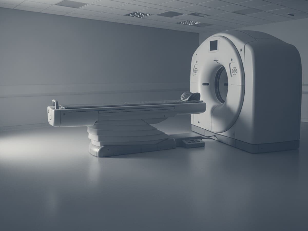Duotone graphic of an imaging suite seen from the doorway.