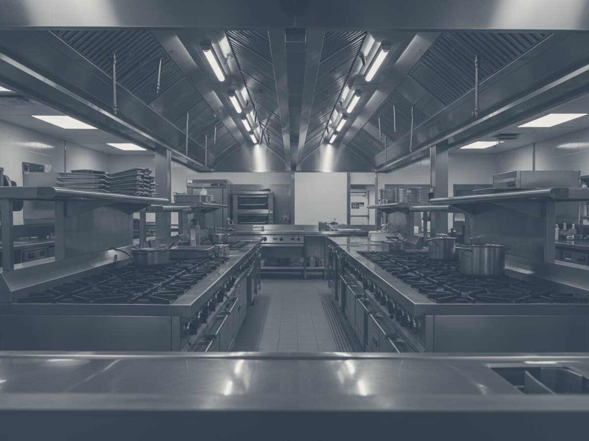 Duotone graphic of a commercial kitchen line.