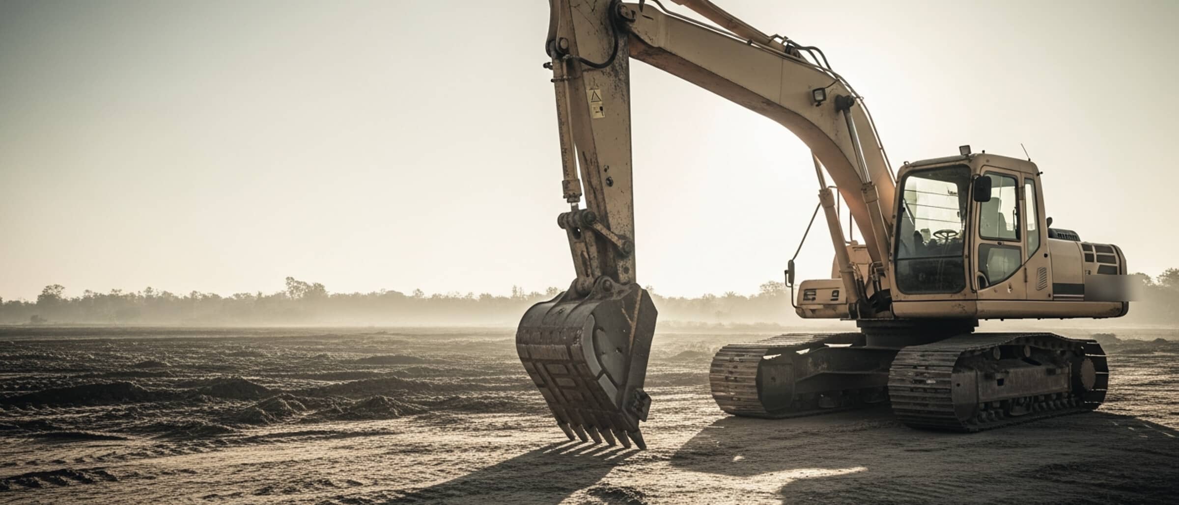 Weathered working excavator with worn paint, photographed at dawn