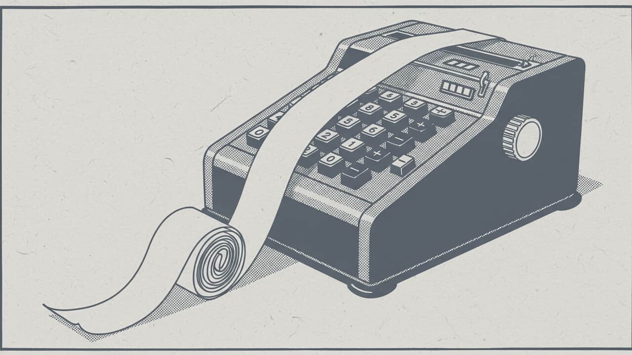 Duotone graphic of an adding machine with curled paper tape
