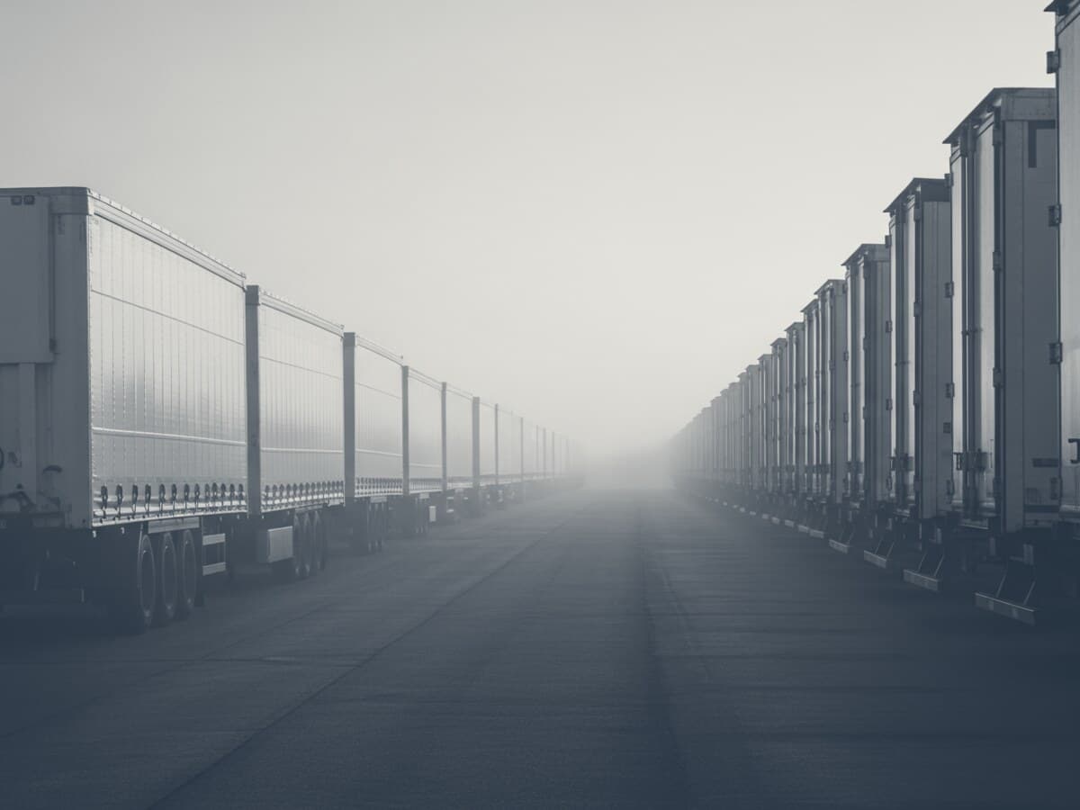 Duotone graphic of semi trailers receding into fog.