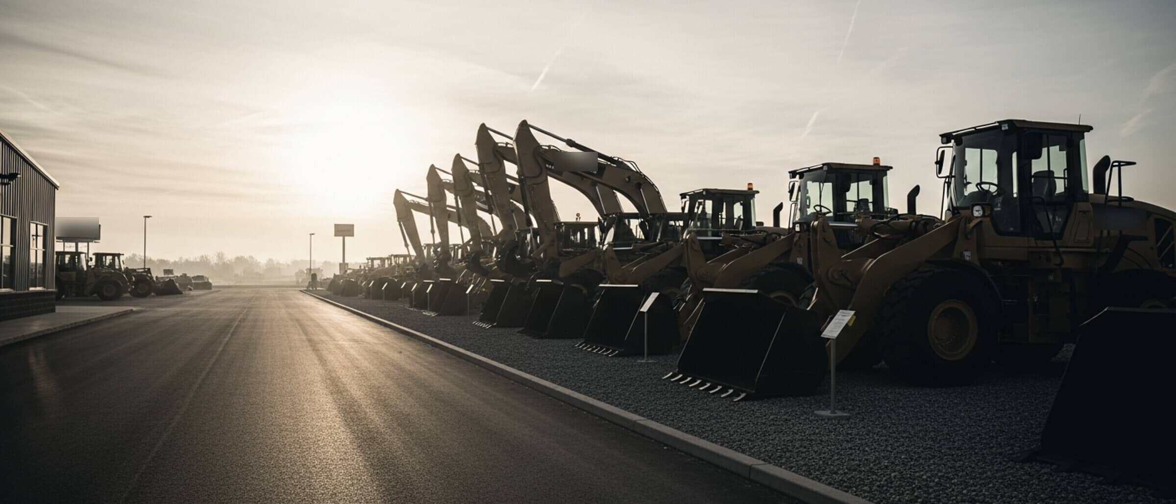 Equipment dealership yard with machine lineup at first light