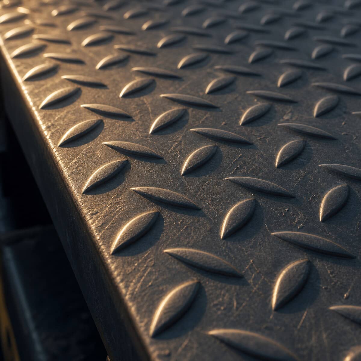 Close-up of diamond plate steel tread in low morning light