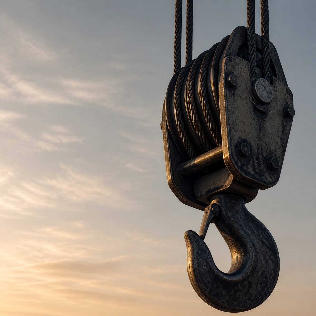 Crane hook block and wound wire rope catching thin morning light