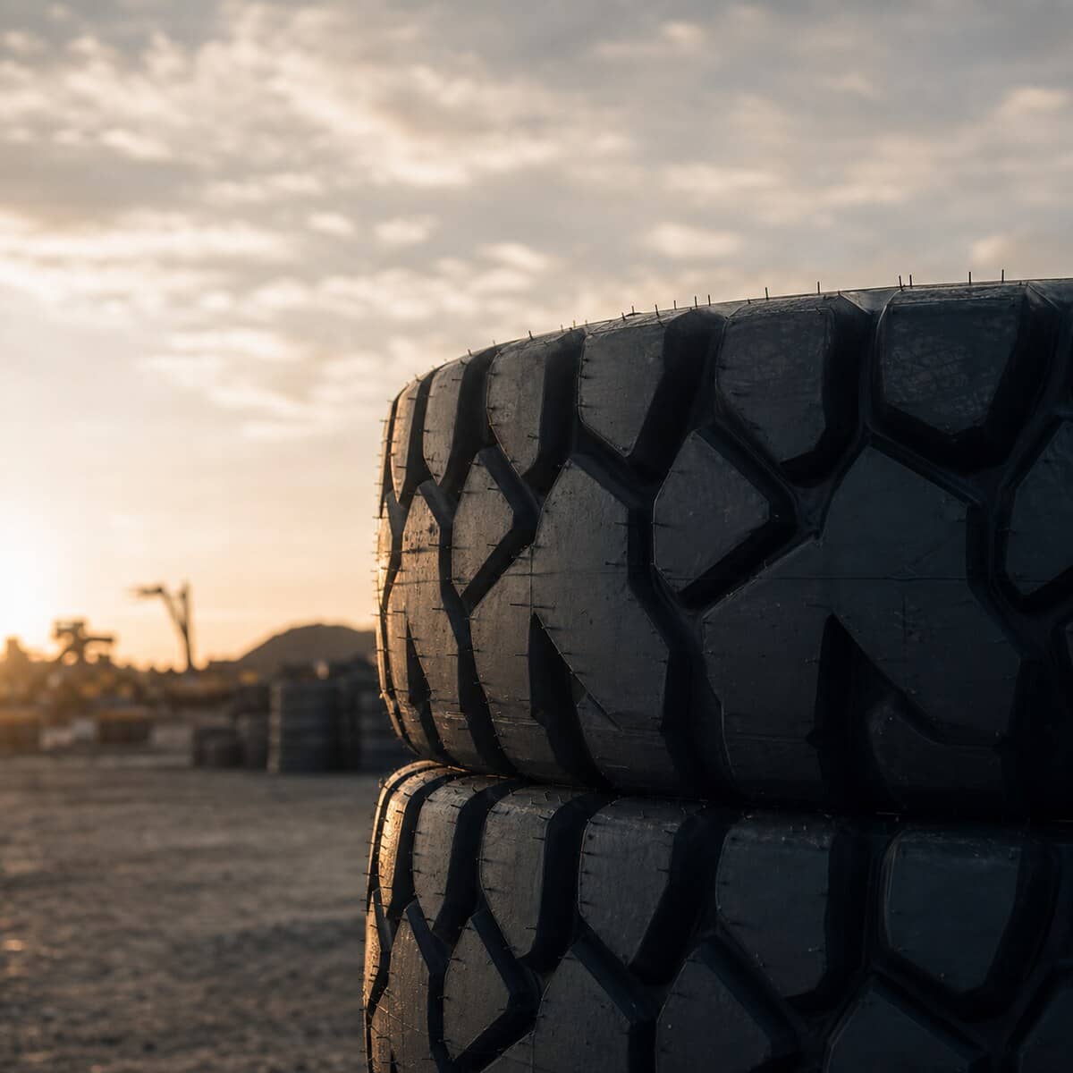 Stack of new heavy-equipment tires in a dealer yard at dawn