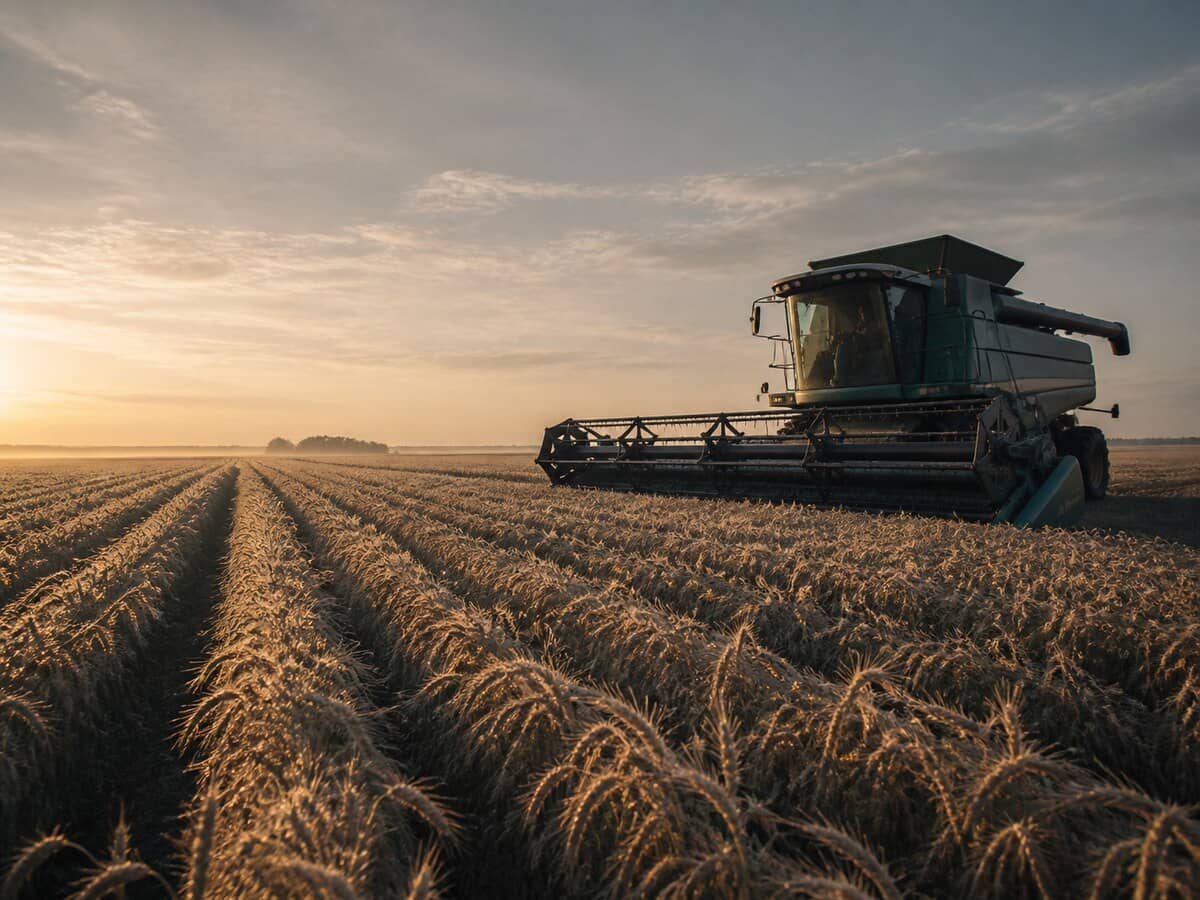 Combine harvester standing in rows of ripe grain at first light