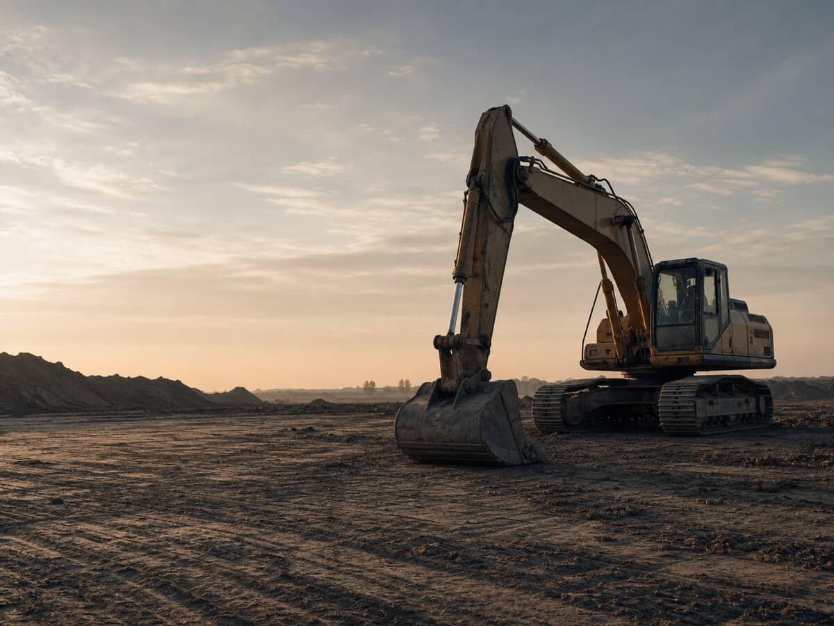 Tracked excavator parked on a graded dirt pad at first light