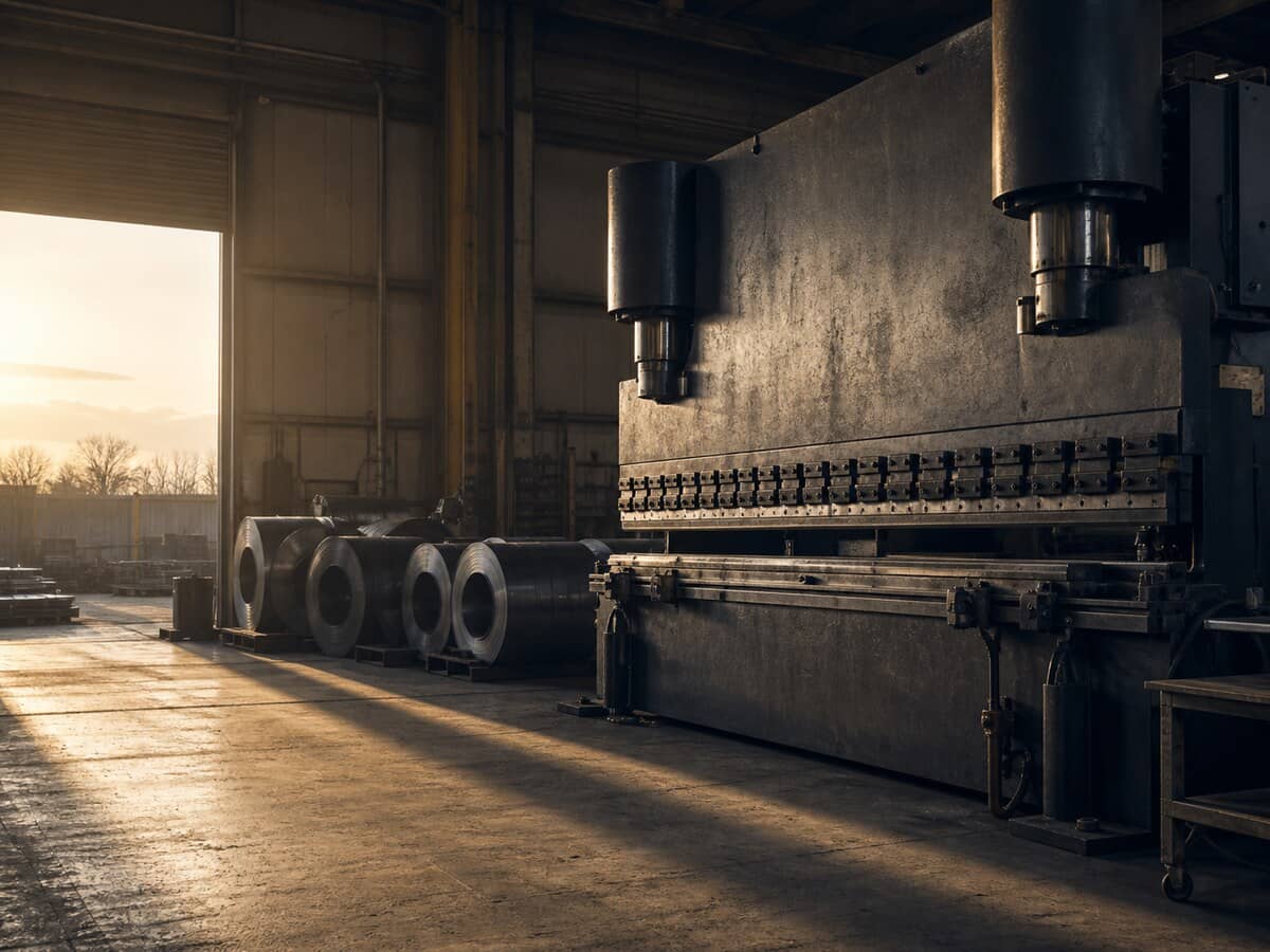 Hydraulic press brake and coiled steel stock on a fabrication floor
