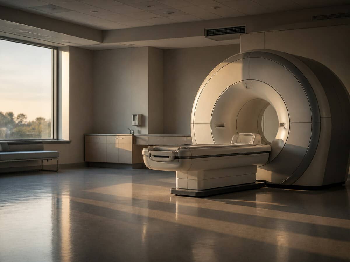 Medical imaging scanner in an empty imaging suite in early daylight