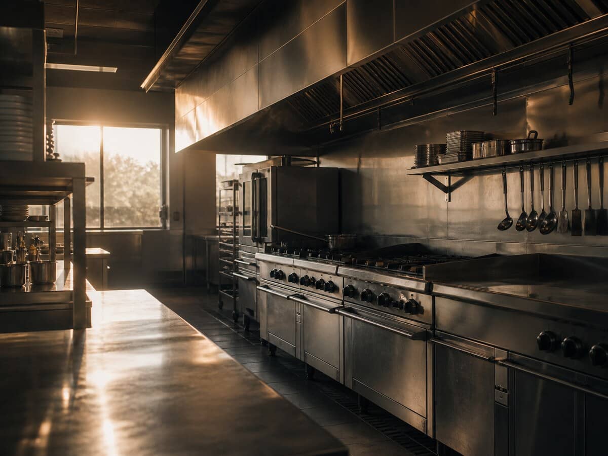 Empty commercial kitchen line with stainless ranges before opening