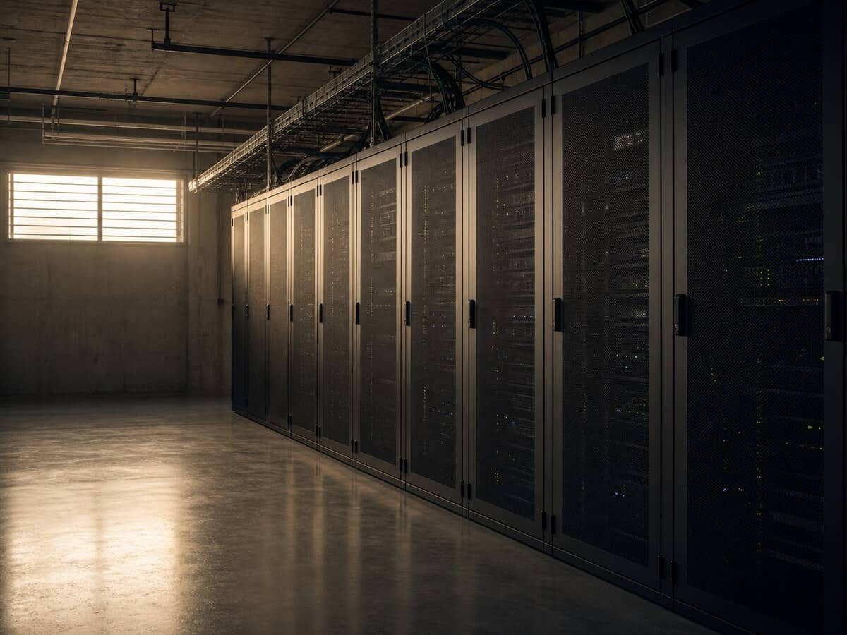 Row of enclosed server racks in a small data hall at dawn