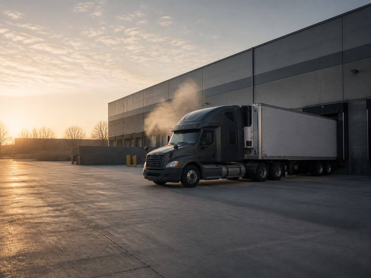 Semi tractor and refrigerated trailer backed against a loading dock at dawn